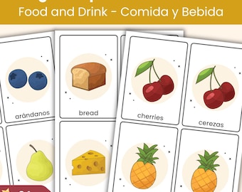 English–Spanish Food and Drink Flashcards | Everyday Vocabulary | 84 Vocabulary Cards for Kids | Classroom and Home Learning, ESL