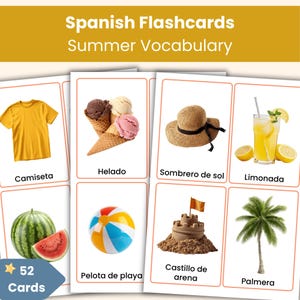 Spanish Summer Flashcards | 52 Vocabulary Cards for Kids | Printable Spanish Resource