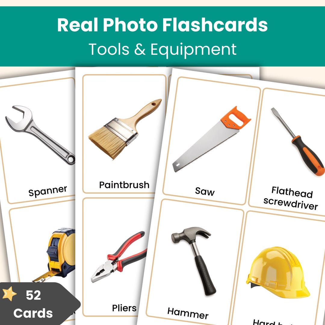52 Tools Flashcards – Realistic Picture Cards for Kids | Preschool, KS1 ...
