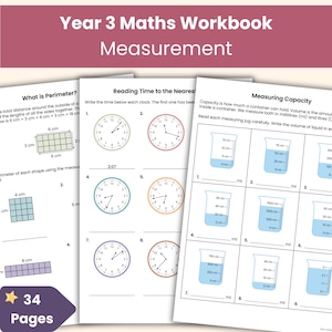 May include: A Year 3 Maths Workbook titled Measurement with 34 pages. The workbook contains educational exercises including calculating perimeter with grid shapes, reading analogue clocks to the nearest minute, and measuring liquid capacity in millilitres.