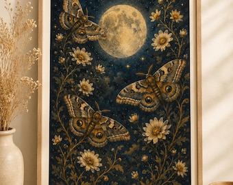 May include: A framed wall art print featuring a dark blue night sky with a large full moon and scattered stars. Three moths with brown and gold patterned wings are positioned among white daisy flowers on thin, winding stems in the composition.