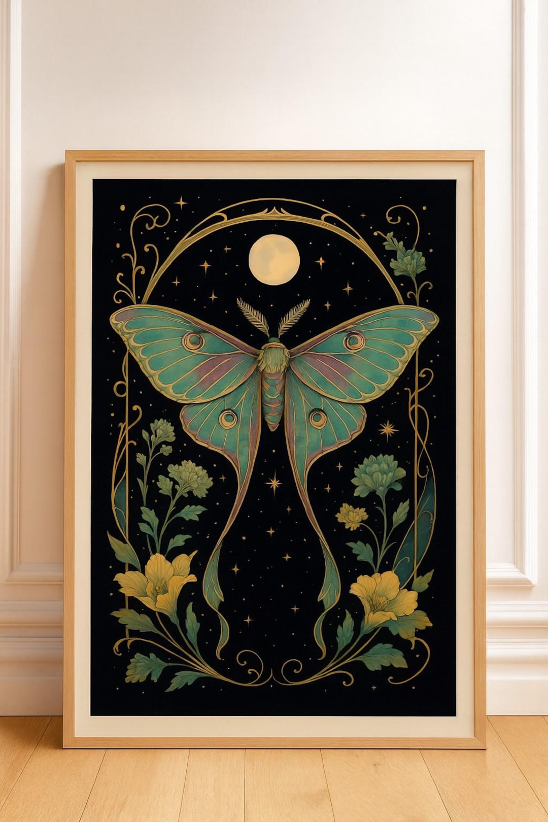 Luna Moth & Moon – Celestial Green Moth Art Print | Botanical Night Sky ...