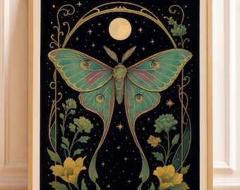 May include: A framed art print featuring a detailed illustration of a Luna moth with teal and gold wings against a black background. The artwork includes floral elements and a full moon, creating a celestial and botanical theme.