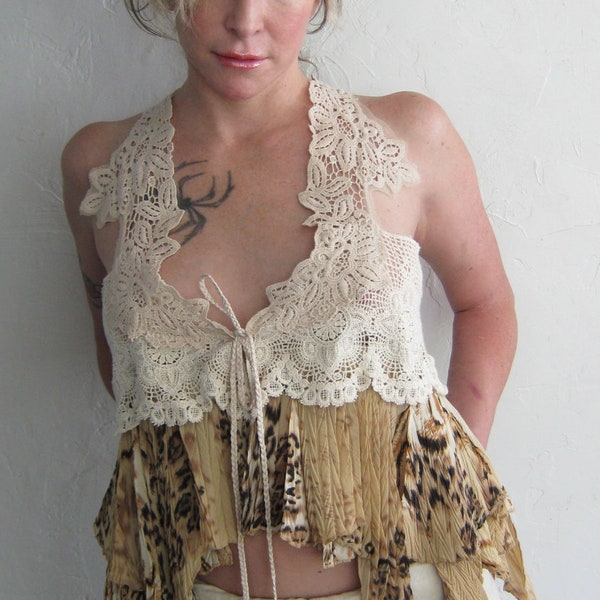 French Sugar Parisian Upcycled Bohemian Style Lace and Fabric Vest - Altered Couture