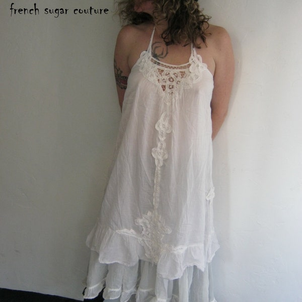 On HOLD for PATRICIA French Sugar Couture 2014 Spring Collection - White Cotton Halter Battenburg Sundress - Altered Couture