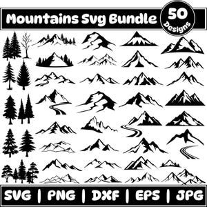 Pacchetto montagne Svg, montagna disegnata a mano Svg, albero della foresta Svg, montagne contorte Svg, file montagne per Cricut, per Silhouette, file di taglio