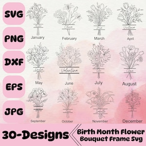 Bouquet de fleurs du mois de naissance cadre Svg, fleur de naissance Svg, bouquet de fleurs Svg, Svg de fleurs du mois de naissance, cadre floral monogramme divisé Svg Png