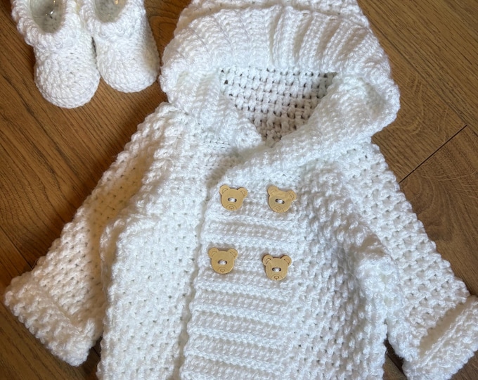 Featured listing image: Baby coat and booties set handknit crochet White