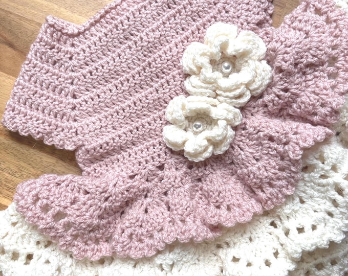 Featured listing image: Crochet Baby Dress sizes Newborn to 12 months Pink and Cream