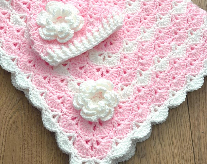 Featured listing image: Handmade crochet baby girl blanket with matching beanie hat