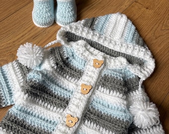 Conjunto de chaqueta con capucha y patucos de ganchillo para bebé niño.
