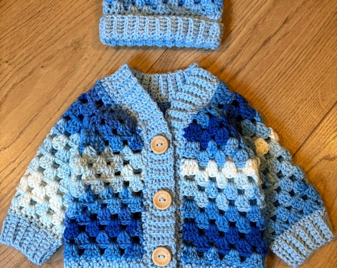 Featured listing image: Crochet granny baby cardigan and matching hat set sizes newborn to 12 months white or blue