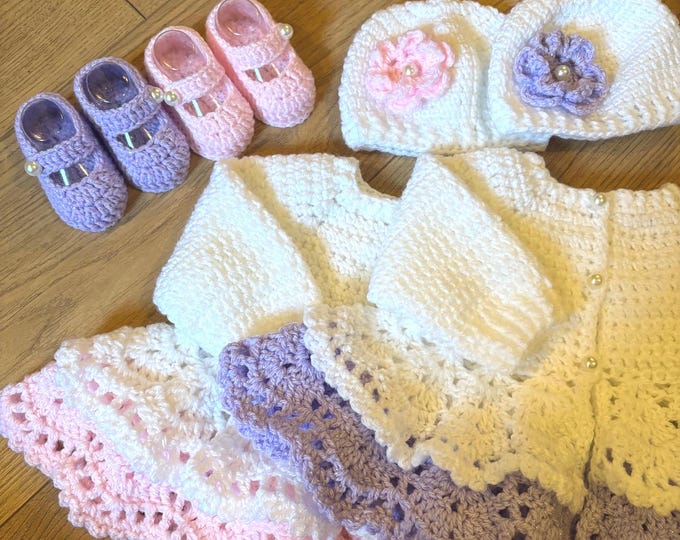 Featured listing image: Crochet newborn baby girl cardigan hat and shoes set