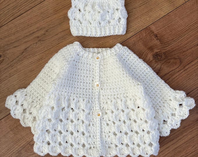 Featured listing image: Crochet girls cardigan and hat set newborn to 12 months white