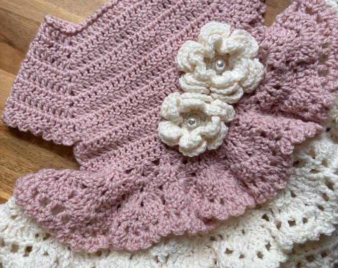 Featured listing image: Crochet Baby Dress sizes Newborn to 12 months Pink and Cream