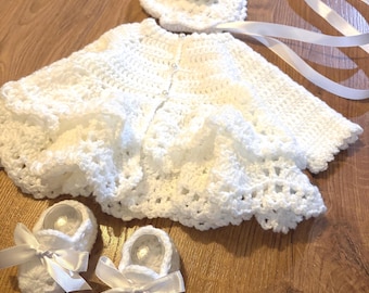 Crochet Newborn Cardigan Set: booties, bonnet, layered cardigan