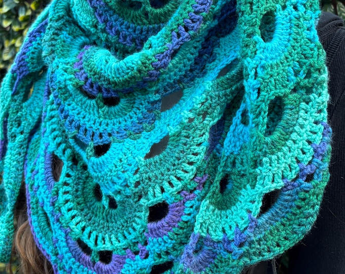 Featured listing image: Large triangle scarf/shawl virus pattern large size in teal green and purple