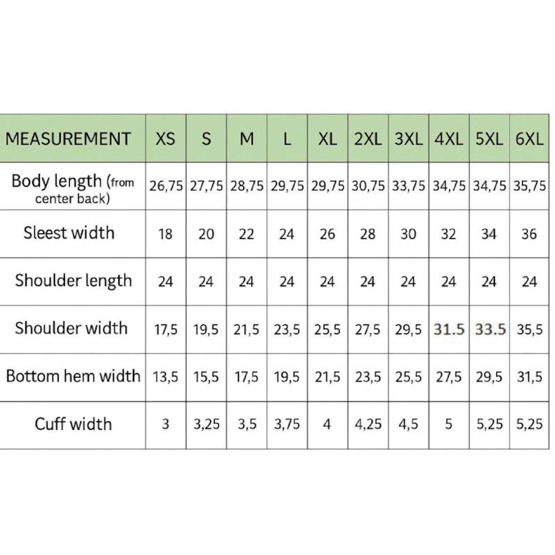 Puede incluir: Una tabla que muestra las medidas de la ropa en cent&iacute;metros. Las medidas incluyen largo del cuerpo, ancho de la manga, largo del hombro, ancho del hombro, ancho del dobladillo inferior y ancho del pu&ntilde;o, de XS a 6XL.