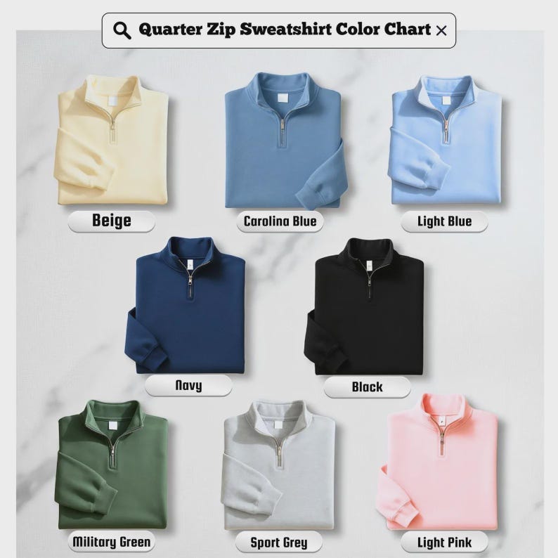 Puede incluir: Una carta de colores que muestra sudaderas con cremallera de cuarto en varios colores. Las opciones incluyen beige, azul Carolina, azul claro, marino, negro, verde militar, gris deportivo y rosa claro. Cada sudadera tiene una cremallera plateada.