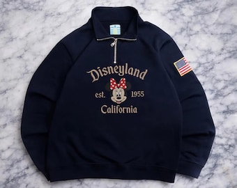 Embroidered Retro Disneyland EST 1955 Quarter Zip Sweatshirt, Mickey Minnie Couple Disney Pullover, Vintage Disney Trip Sweater