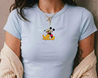 Mickey Mouse Pluto Embroidered Baby Tee, Disney Best Friends Shirt, Mickey Pluto Crop Top, Vintage Cartoon Baby Tee, Retro Disney Fitted Tee