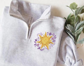 Sudadera con cremallera de un cuarto bordada con el sol de Rapunzel, jersey inspirado en Enredados, sudadera minimalista con cremallera de Disney, regalo acogedor de princesa para ella.