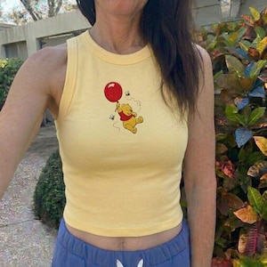 Winnie The Pooh Balloon Embroidered Tank Top, Cute Pooh Bear Crop Tank, Minimal Disney Cartoon Women, Disney Trip Outfit, Pooh Bear Tank Top