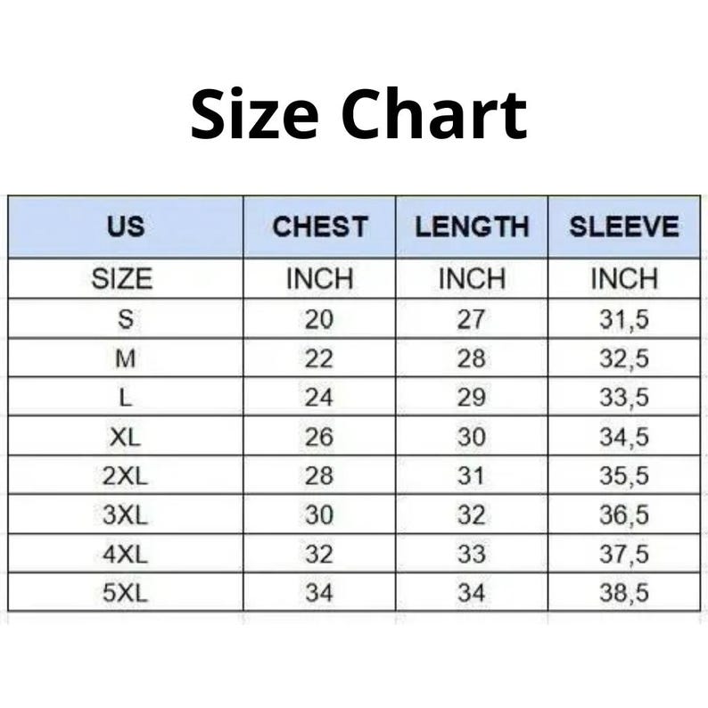 Puede incluir: Una tabla de tallas con medidas en pulgadas para pecho, largo y manga. Las tallas van de la S a la 5XL, con medidas de pecho de 50,8 a 86,36 cm, largos de 68,58 a 86,36 cm y largos de manga de 80 a 97,79 cm.