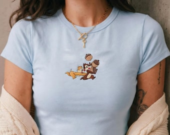 Chip and Dale Embroidered Baby Tee, Disney Chipmunks Shirt, Acorn Tee, Aesthetic Vintage Disney Outfit for Women