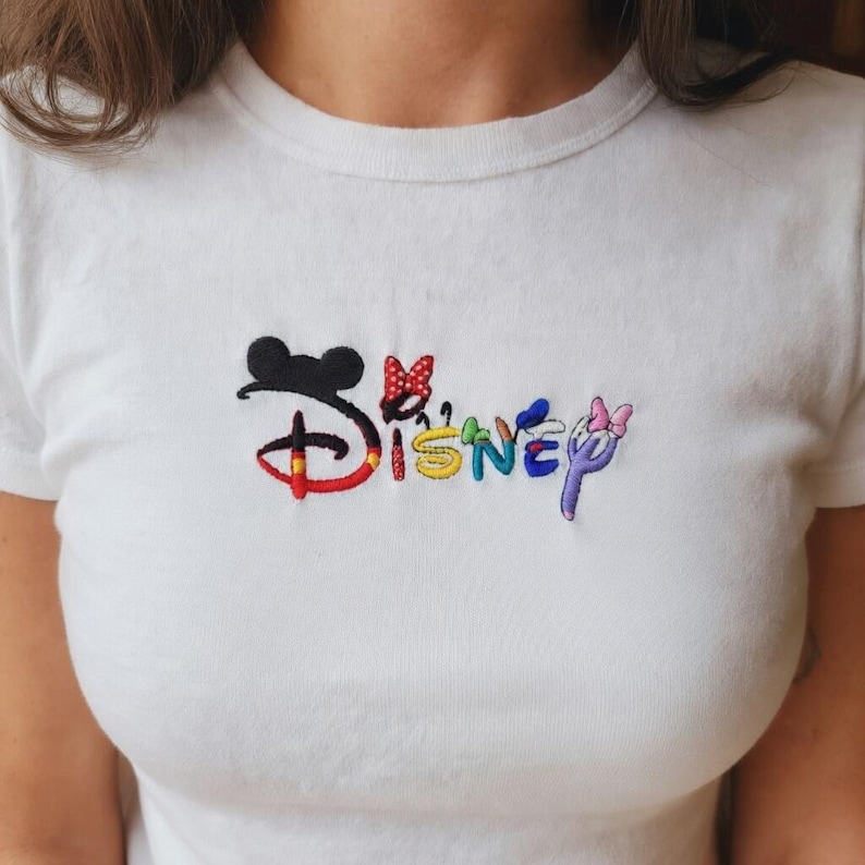 Disney Embroidered Baby Tee, Mickey Minnie Letter Shirt, Aesthetic Crop Top, Disneyland Outfit, Gift for Her image 1