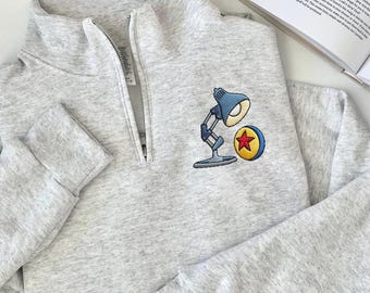 Sudadera con cremallera de un cuarto bordada de Toy Story, jersey de lámpara de Disney Pixar, sudadera minimalista con cremallera de dibujos animados, ropa cómoda inspirada en Disney.