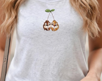 Regata folgada com bordado de cerejas do Tico e Teco, viagem à Disney, camiseta feminina com estética do Reino Mágico da Disney, Disneyworld Y2K
