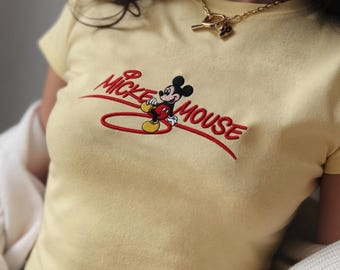 Disney Mickey Mouse Embroidered Baby Tee, Perfect for Disney Fans, Comfortable and Stylish Everyday Wear, Disney Summer Trip Outfit