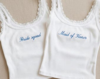 Custom Bridel Embroidered Tank Top, Minimalist Women Shirt, Gift for Her, Bachelorette Party Shirt, Bridal Shower Outfit, Bride Squad Gift