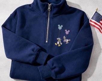 Sudadera con cremallera de un cuarto de Mickey Friends bordada a medida, suéter retro con globos de Disney, suéter de Mickey Minnie Disney, viaje a Disneyland