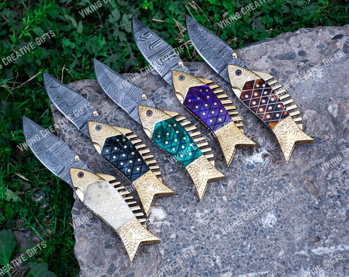 Giftful Handmade Damascus Pocket Knife Fish Folding knife Gift for men, Women on Birthday, Wedding Anniversary Gift for Husband