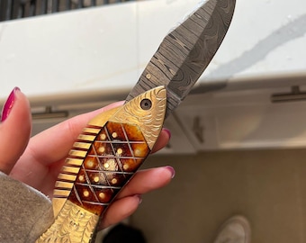 Handmade Damascus Pocket Knife Burned Bone Handle Fish knife Birthday Gift Folding Knife Groomsmen Gift for Men Anniversary Gift for Husband