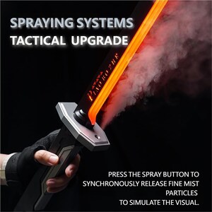 May include: A black and silver tactical upgrade device with an orange glowing blade, emitting a fine mist. The text "SPRAYING SYSTEMS TACTICAL UPGRADE" is displayed at the top, with additional text below. The device is held by a person.