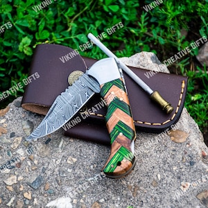 Handmade Damascus Pocket knife Green Dollar sheet Handle Birthday Gift Back Lock Folding knife Groomsmen Gift Personalized Men Gift For Men