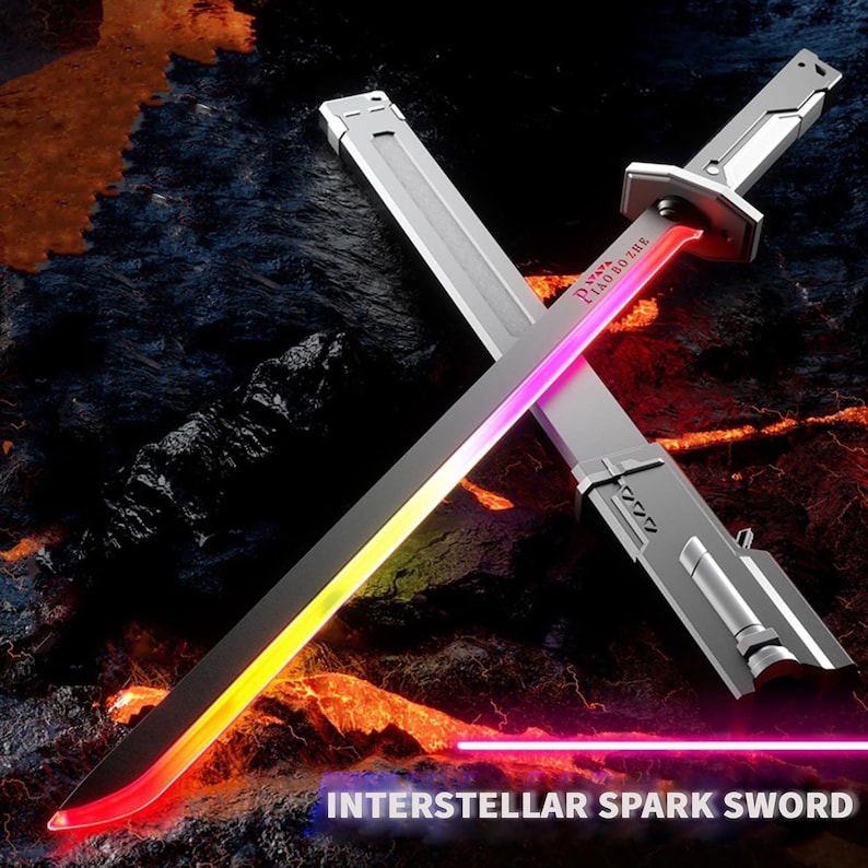 May include: Two crossed silver swords with glowing edges in red, yellow, and pink. The text "INTERSTELLAR SPARK SWORD" is at the bottom. The swords have a futuristic design, with a silver handle and a blade that appears to be made of metal.