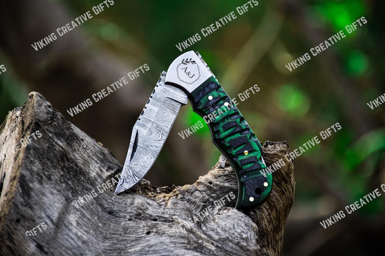 Giftful Handmade Damascus Pocket Knife Fish Folding knife Gift for men, Women on Birthday, Wedding Anniversary Gift for Husband Green Pocket Knife