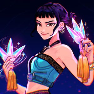 May include: Digital illustration of a person holding two iridescent crystal-like objects with gold tassels. The person wears a teal top with black lace trim and a black choker. The background is a dark blue with sparkling effects.