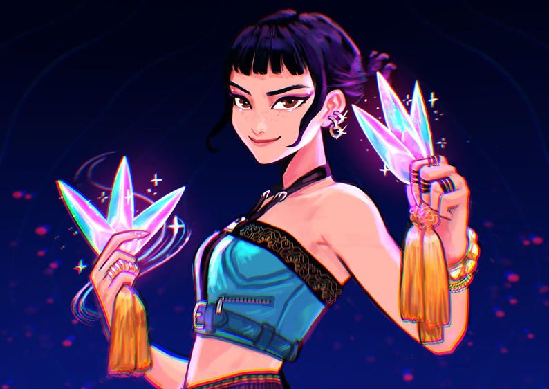 May include: Digital illustration of a person holding two iridescent crystal-like objects with gold tassels. The person wears a teal top with black lace trim and a black choker. The background is a dark blue with sparkling effects.