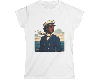 Dames T-shirt met portret van een zeekapitein — Vintage T-shirt met zeemansprint