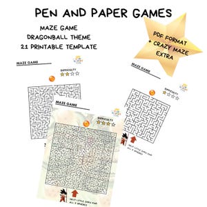 May include: A printable maze game featuring the Dragonball theme. The maze is black and white with a yellow star and a small image of Goku at the bottom. The text "Help little Goku find all 9 spheres" is at the bottom of the maze. The text "Maze Game" is at the top of the maze. The text "Difficulty" is above a row of five stars, with four stars filled in. The text "PDF Format + Crazy Maze Extra" is in a yellow star at the top right of the page.