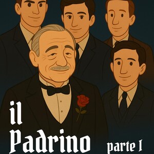 May include: Illustration of six men in suits, with the text "il Padrino parte 1". The central figure wears a bow tie and a red rose. The artwork has a vintage, cartoon style with a dark blue background.