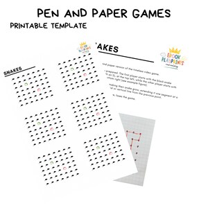 Może przedstawiać: Wydrukowany szablon do gier pióro i papier. Obraz przedstawia kilka arkuszy z wydrukowaną grą "Snakes". Tekst zawiera instrukcje i logo z napisem "Ebook Playprints read and play".