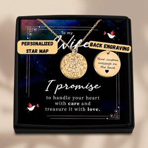 Collar personalizado para esposo y esposa, regalo para esposa, regalo de aniversario, regalo de cumpleaños para esposa, joyería con mapa estelar personalizado, regalo de joyería con tarjeta de mensaje