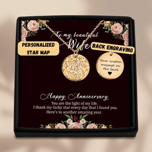 Colar personalizado de esposa bonita com cartão de mensagem, presente de aniversário de esposa, presente de aniversário para esposa, sentimental, presente de mapa estelar personalizado