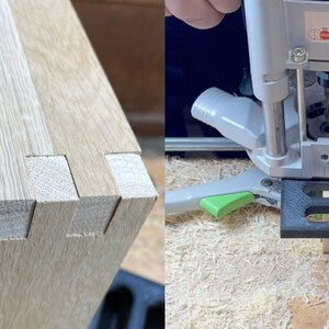 May include: Close-up of a wooden board with a finger joint, showing the individual pieces of wood that have been joined together. A router is shown in the background, being used to create a similar joint.